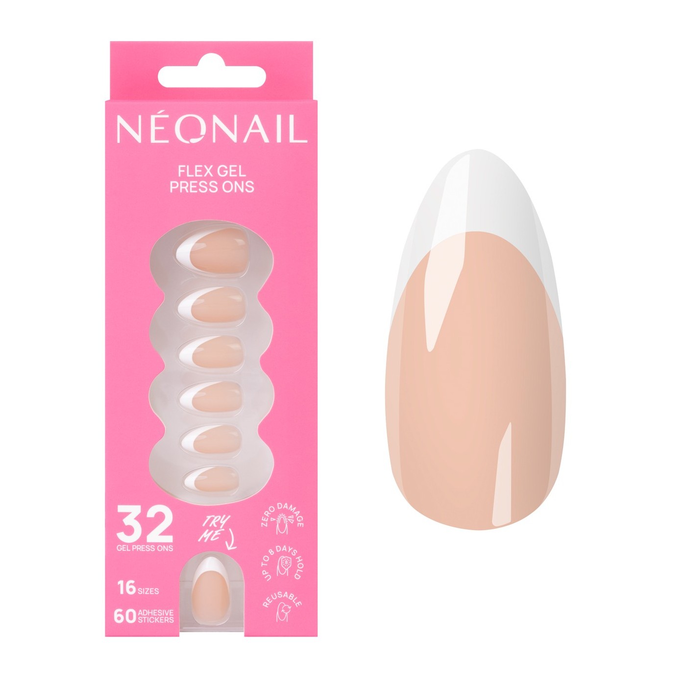 Flex Gel Press Ons 32 pc – Perfect French Medium Almond | NEONAIL Flex Gel Press Ons 32 pc – Perfect French Medium Almond | NEONAIL
