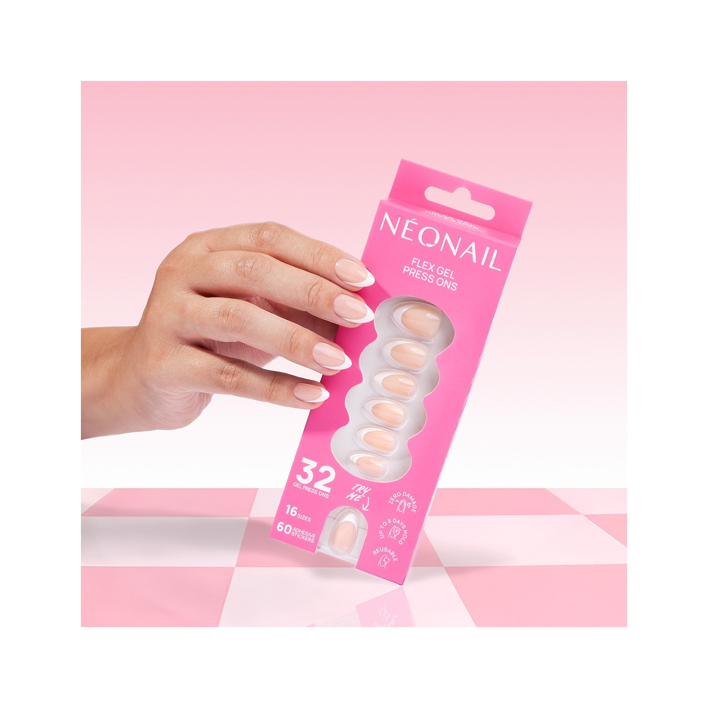Flex Gel Press Ons 32 pc – Perfect French Medium Almond | NEONAIL Flex Gel Press Ons 32 pc – Perfect French Medium Almond | NEONAIL