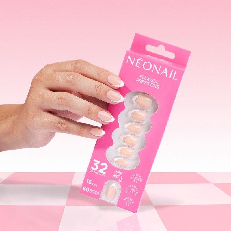 Flex Gel Press Ons 32 pc – Perfect French Medium Almond | NEONAIL Flex Gel Press Ons 32 pc – Perfect French Medium Almond | NEONAIL