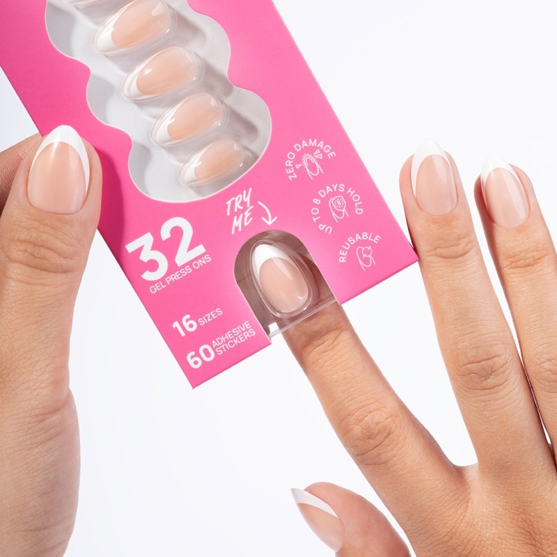 Flex Gel Press Ons 32 pc – Perfect French Medium Almond | NEONAIL Flex Gel Press Ons 32 pc – Perfect French Medium Almond | NEONAIL